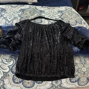 CeCe Black Sequin Puff-Sleeve Blouse